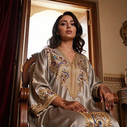 Photograph of a dark-haired woman with medium skin tone, wearing an ornate silver and gold embroidered traditional outfit, seated in a wooden chair, with