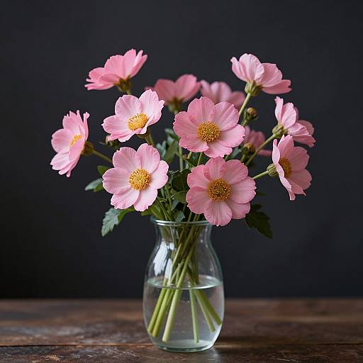 Photograph of a clear glass vase holding pink cosmos flowers with yellow centers, set against a dark background on a wooden surface.