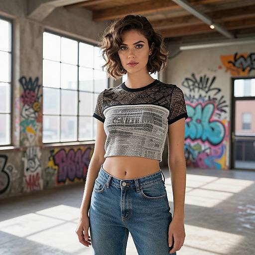 Photograph of a curly-haired woman in a black lace crop top and blue jeans, standing in a graffiti-covered, sunlit urban loft.