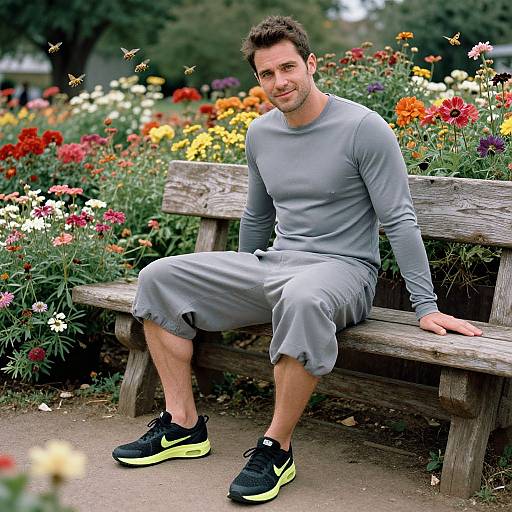 Photograph of a smiling man with short brown hair, wearing a gray long-sleeve shirt and gray knee-length shorts, sitting on a wooden bench