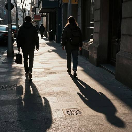 Photograph of two silhouetted people walking on a sunlit urban street, casting long shadows; city buildings and distant pedestrians in background.