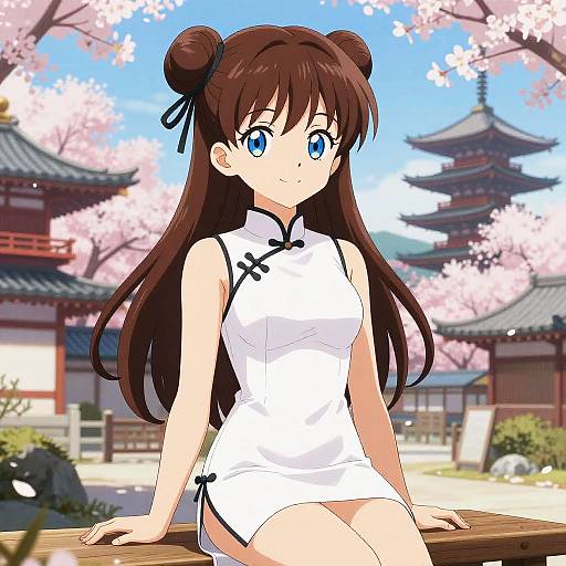 Shy Girl in White Cheongsam on Bench