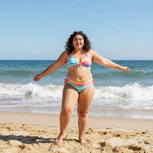 Photograph of a smiling, curvy, dark-haired woman in a colorful bikini, standing on a sunny beach with waves in the background.