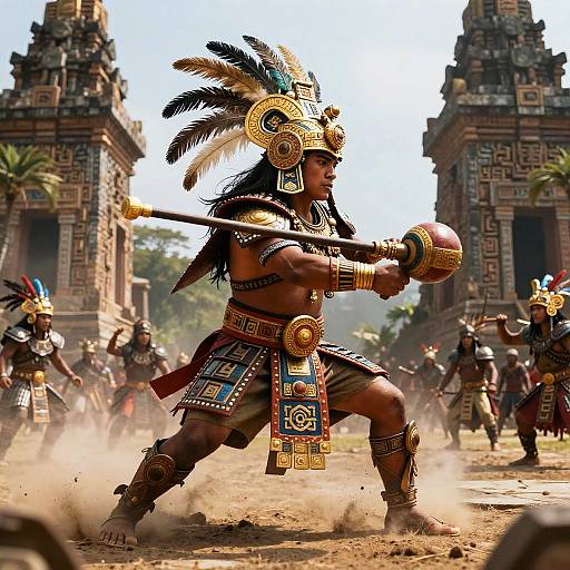 Photorealistic CGI of a fierce, muscular warrior in elaborate Aztec-style armor, holding a staff, surrounded by fellow warriors in front of ancient stone