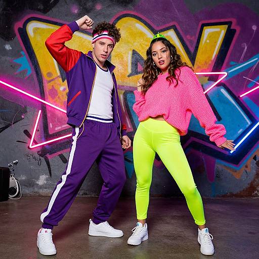 Photograph of a young couple posing in a graffiti-laden urban setting. He wears a navy track jacket and pants, white sneakers, and a head