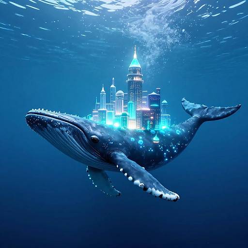 Digital artwork of a glowing blue city atop a massive whale swimming underwater, surrounded by light bubbles, in a deep ocean.