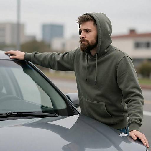 Bearded Man in Green Hoodie by Car