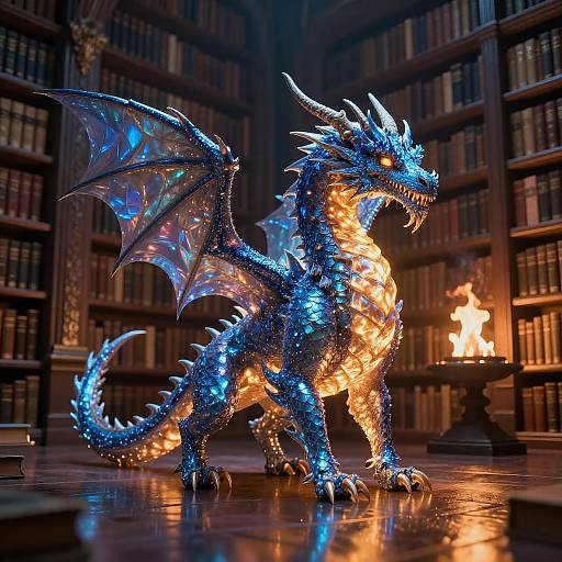 Sapphire-Winged Dragon in Ancient Library