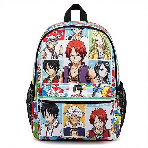 Anime-themed backpack featuring colorful characters from 