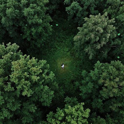 Aerial photograph: Small white figure centered among dense, dark green forest canopy with varying tree sizes and textures, creating a circular, almost symmetrical pattern