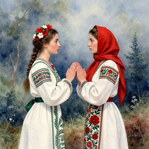 Two women in traditional white embroidered dresses and floral headbands, one with a red scarf, standing in a forest, hands clasped in prayer. Phot