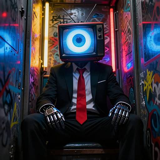 Cyberpunk Character with TV Head in Neon Corridor