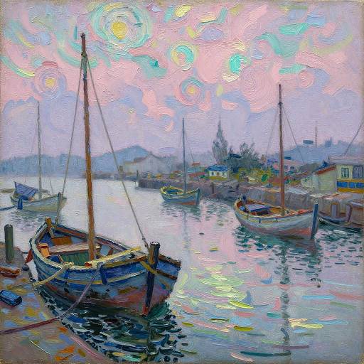 Impressionist painting of a colorful, serene harbor with boats, vibrant swirling sky, and reflective water. Bright, pastel hues dominate.