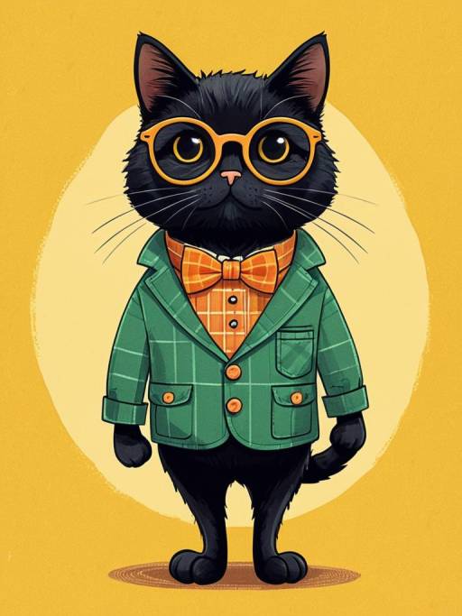 Stylized Black Cat in Green Jacket and Bow Tie