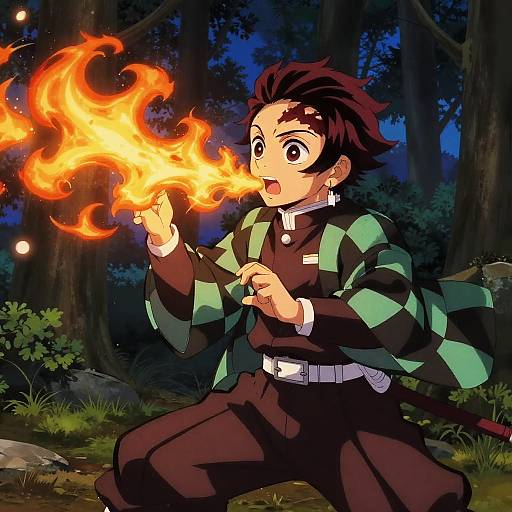 Anime-style illustration of a brown-haired boy with wide eyes, wearing a green and black checkered jacket, kneeling in a dark forest, conjuring a