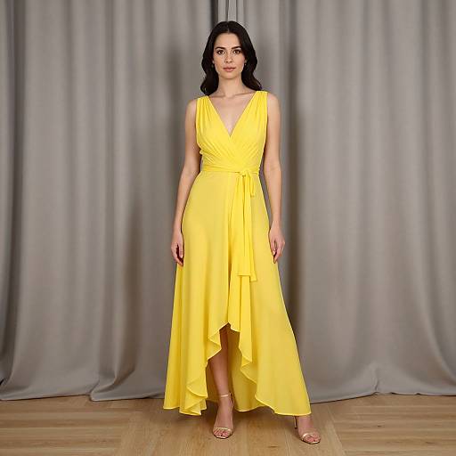 Photograph of a woman with dark hair in a sleeveless, bright yellow, V-neck, wrap-style, asymmetrical hem dress, standing against grey