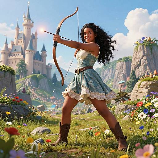 Photorealistic digital art: Dark-haired woman with curly hair, wearing blue dress, brown boots, and bow, stands in vibrant meadow, aiming