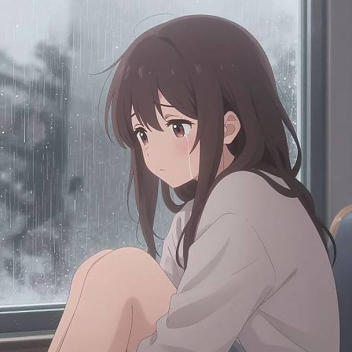 Anime-style digital illustration of a sad young woman with long brown hair, wearing a white shirt, sitting by a rainy window.