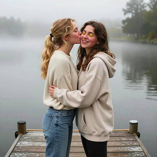 Photograph of two women kissing on a foggy lakeside dock; one in a white sweater, blue jeans, and blonde ponytail; the other