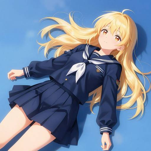 Anime-style digital drawing of a blonde-haired girl with yellow eyes, wearing a dark blue sailor uniform, lying on a bright blue background. Her long hair