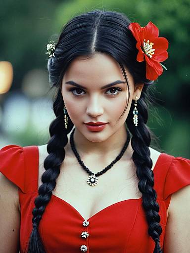 Woman in Red Dress with Braided Hair and Flower