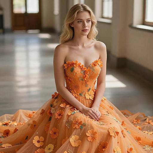 Blonde Woman in Elegant Floral Gown
