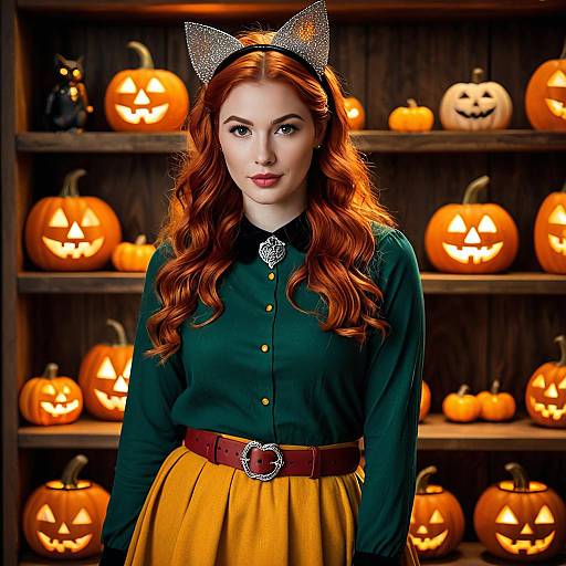 Young Woman in Halloween Outfit with Jack-o'-Lanterns