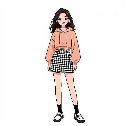 Digital anime-style drawing of a young woman with dark hair, wearing a peach hoodie, black-and-white houndstooth skirt, black socks, and