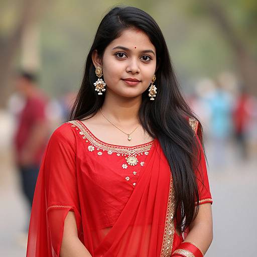 Photograph of a young Indian woman with long black hair, wearing a red traditional saree with gold embroidery, floral earrings, and a bindi,