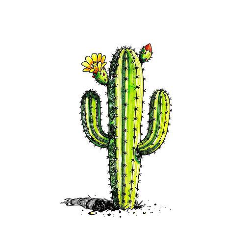 Vibrant, hand-drawn, digital illustration of a green cactus with yellow and red flowers, textured with black ink strokes, standing against a