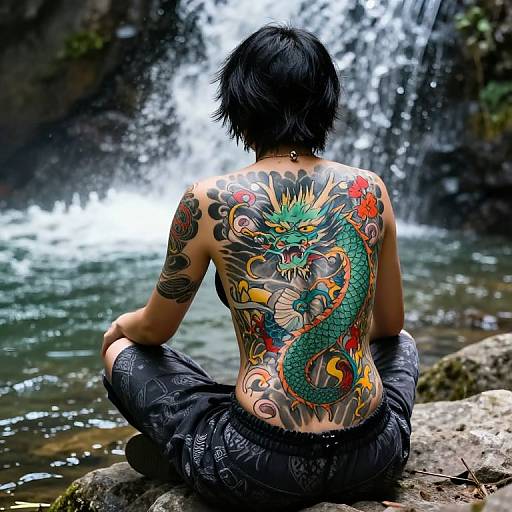 Tattooed man with black hair, seated facing waterfall, colorful dragon tattoo on back, black pants, nature background, water and rocks. Photograph