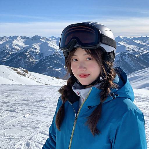 Photograph of an Asian woman with braided hair, wearing a blue ski jacket and black ski goggles, smiling against a snowy mountain backdrop.