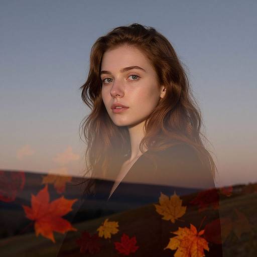 Photograph of a young woman with wavy brown hair, fair skin, and green eyes, against a clear blue sky, with autumn leaves in the