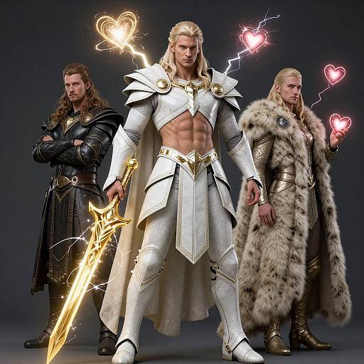 CGI image of three muscular, blonde warriors: center in white armor with glowing sword, left in black leather, right in fur cloak with heart sparks