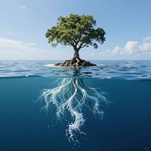 Digital artwork of a lone tree with visible roots underwater, surrounded by calm blue ocean, clear sky, and fluffy clouds.