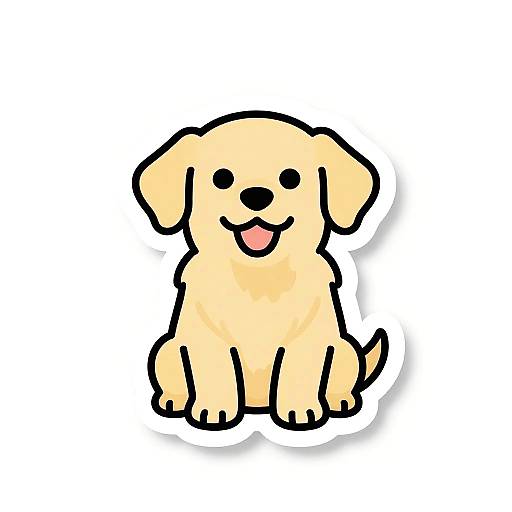 Cute, digital cartoon of a light yellow Labrador puppy sitting, smiling with pink tongue, black outline, and white background.