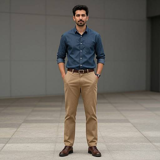 Photograph of a bearded man with dark hair, wearing a blue button-up shirt, beige pants, brown belt, and brown shoes, standing confidently