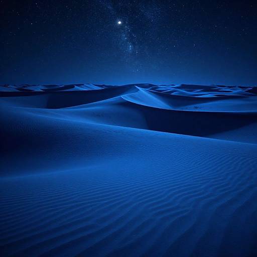 Photograph of a vivid blue desert under a starry night sky, showcasing rippled sand dunes with gentle shadows, illuminated by moonlight, and