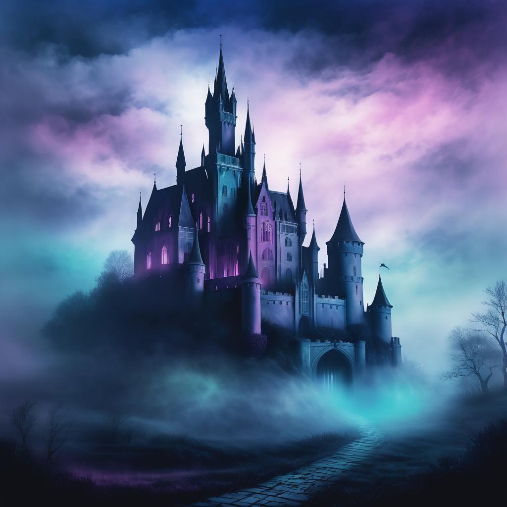 Ethereal Gothic Castle in Misty Landscape