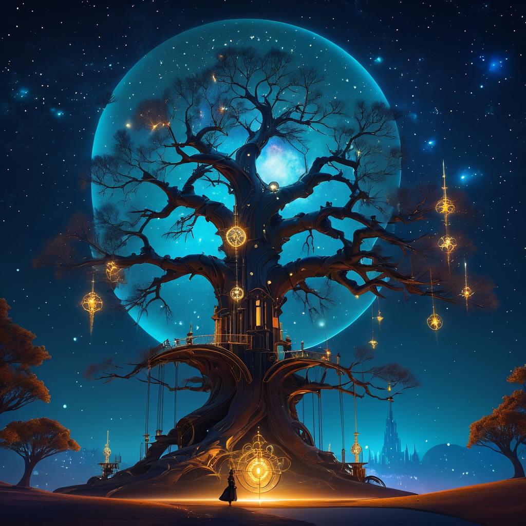 Steampunk Night Scene with Cybernetic Tree