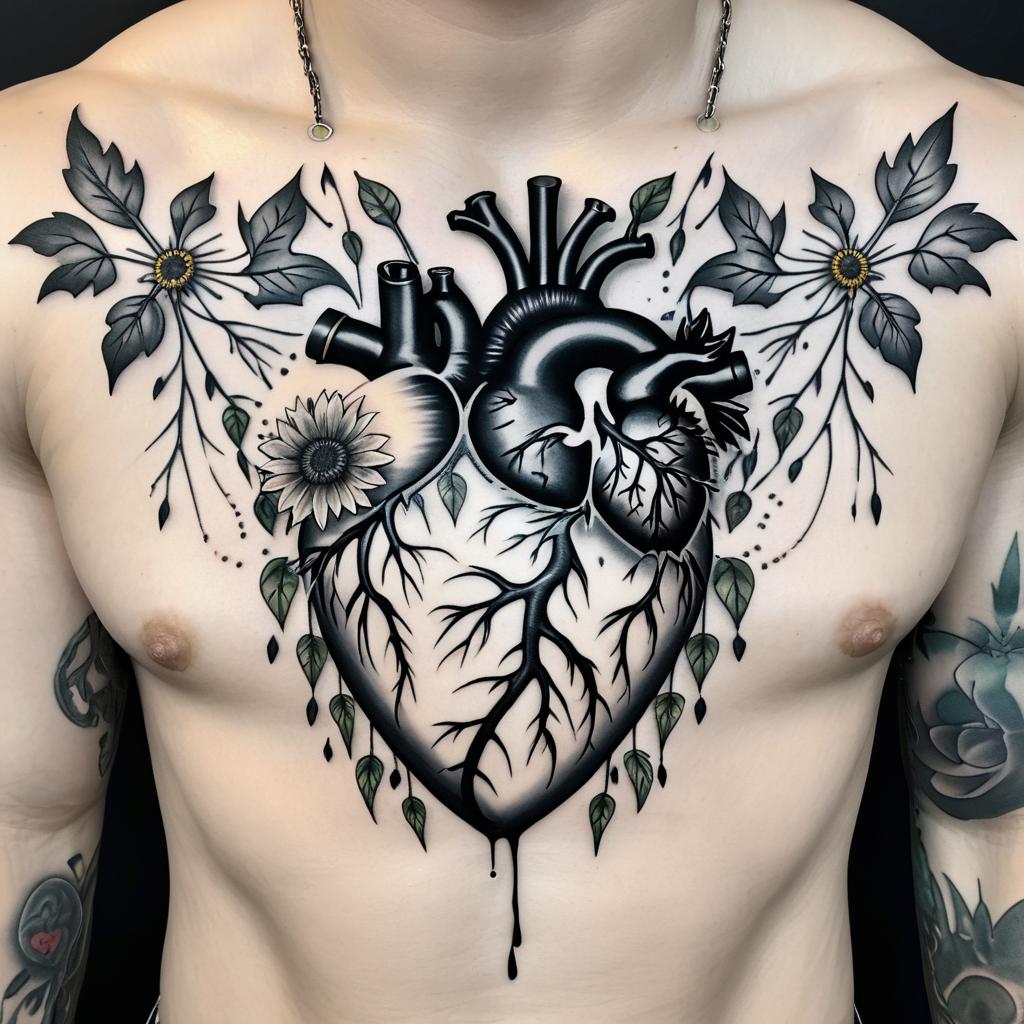 Anatomical Heart Tattoo with Dandelions