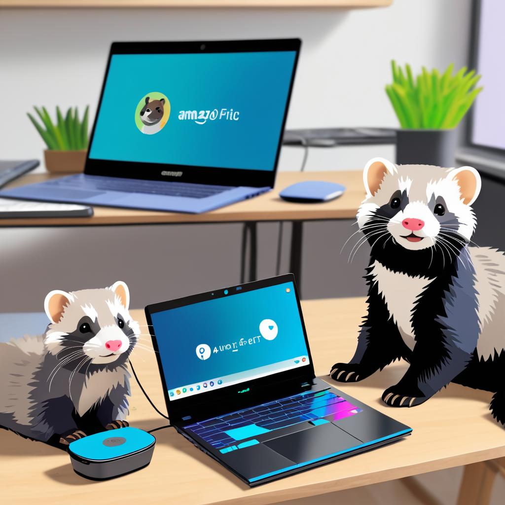 Tech-Savvy Ferret with Laptop and Echo