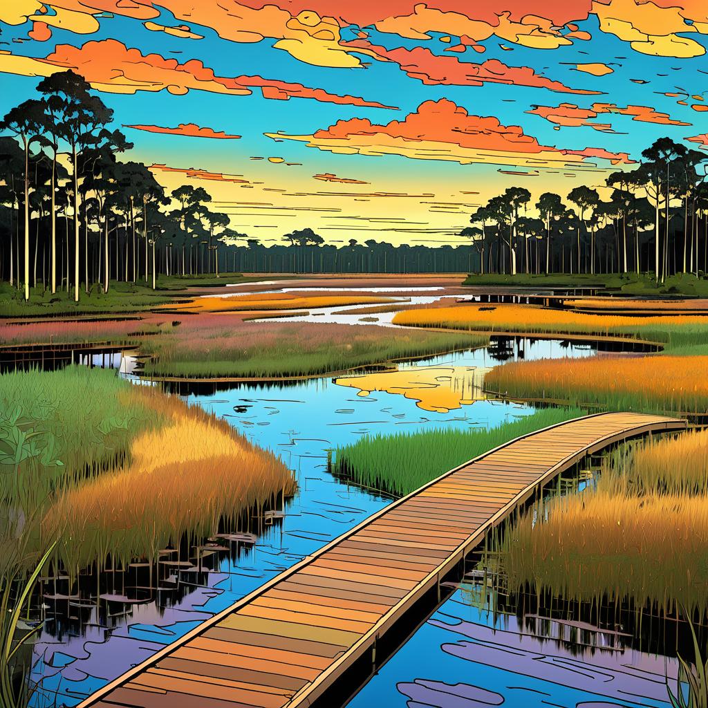 Whimsical Wetland Boardwalk with Vibrant Ecosystems