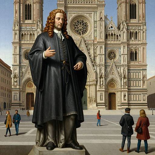 Photograph of a life-sized, curly-haired statue of a medieval man in dark robes, standing in front of Florence's Cathedral of Santa Maria del Fi