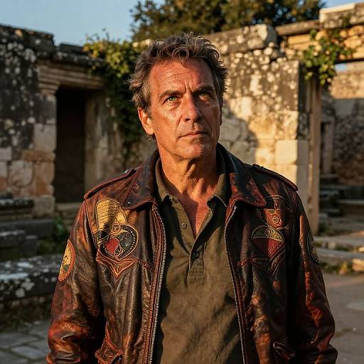 Mature Traveler Among Ancient Ruins