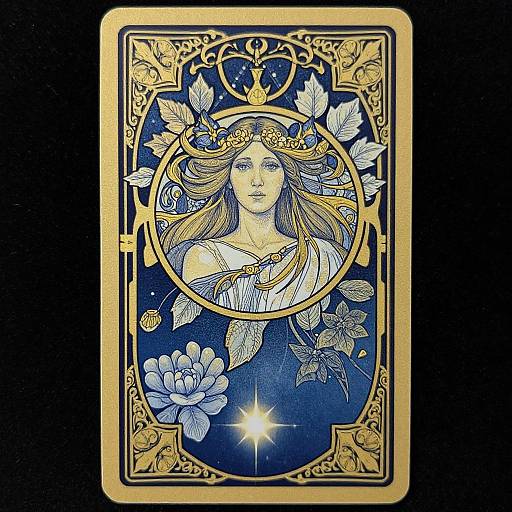 Art Deco-style card illustration featuring a serene, blue-eyed woman with flowing hair, wearing a crown and white dress, surrounded by gold ornate frames