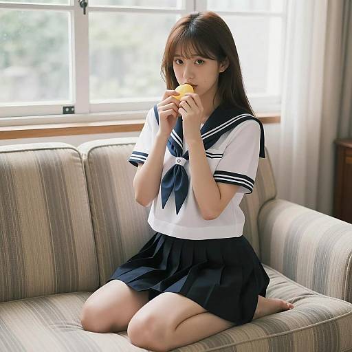 Serene Asian Woman in Sailor Uniform