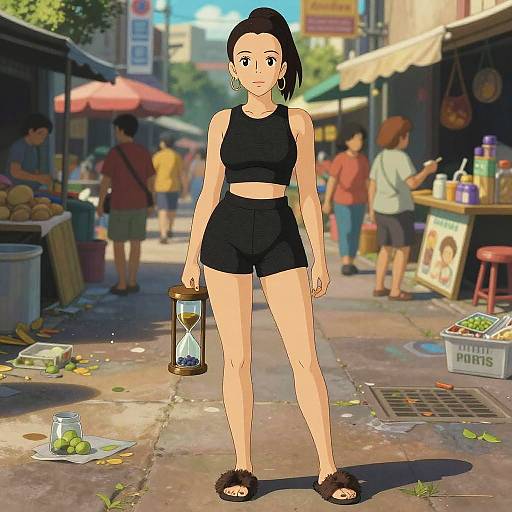 Anime-style illustration of a young woman with dark hair, black sports bra, and shorts, holding a lantern, standing on a sunny, bustling market street