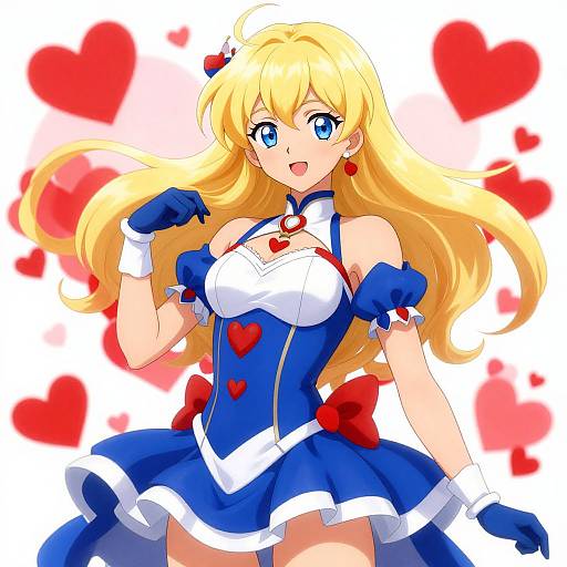 Anime-style digital illustration of a blonde, blue-eyed girl in a blue and white heart-themed dress with red hearts, gloves, and bows, smiling against