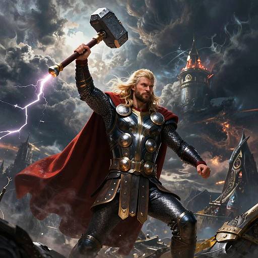 Superhero with long blonde hair, shining armor, red cape, and large hammer stands heroically amidst stormy sky, lightning, and castle ruins.